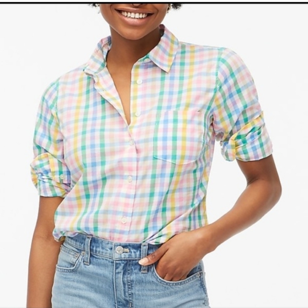 J Crew Plaid Pastel 100% Cotton Button Down Shirt sz L Preppy Colorful